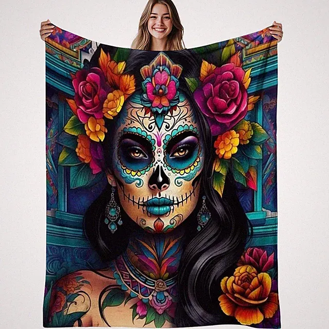 1pc Sugar Skull Flannel Blanket - Mexican Day of the Dead Design with Calavera
