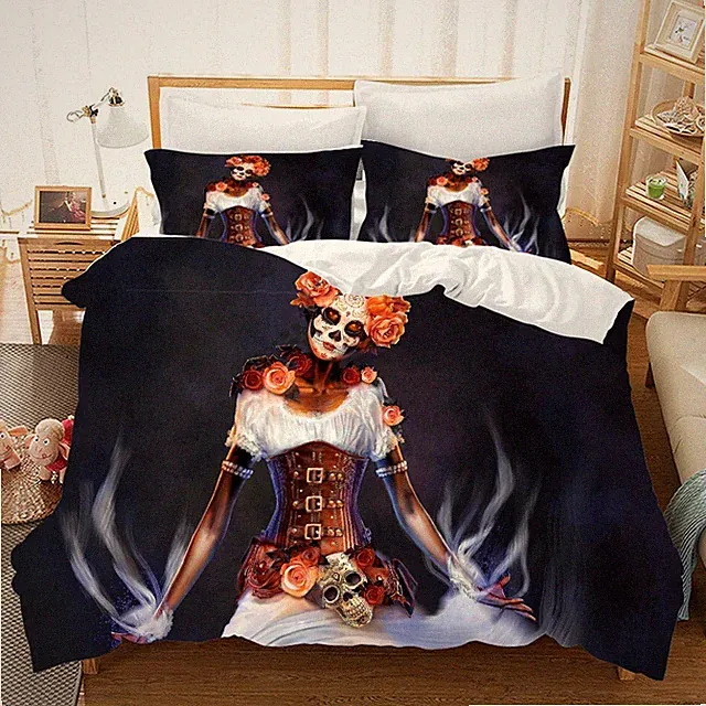 3D Skull Girl Floral Skeleton Pink Quilt Cover Set Bedding Sets Pillowcases 64