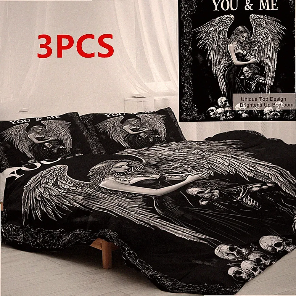 3PCS Black Soft Duvet Cover Set Death and Angel Print Skull Bedding Set Bedroom