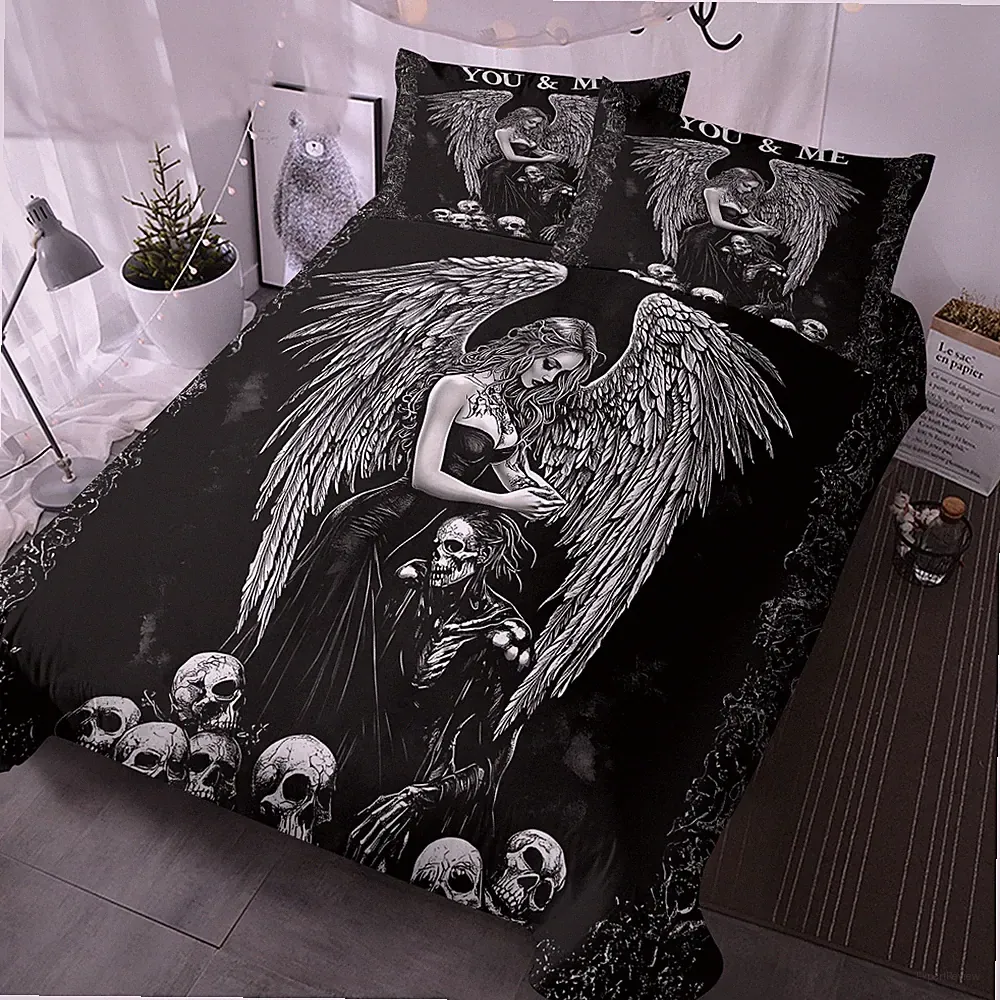 3PCS Duvet Cover Set Death and Angel Print Skull Bedding Set With 2 Pillowcases