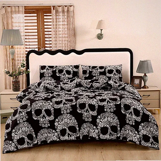 3PCS Sugar Skull Comforter Set Queen, Soft Microfiber Lightweight Skull Comfo...