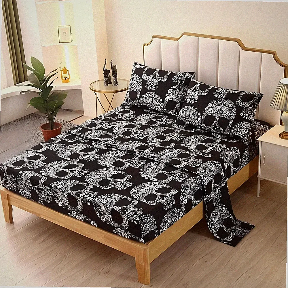 4PCS Goth Skull Twin Sheets Set, Gothic Bedding Sheet Set, Skeleton Twin Bed...