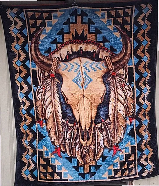 BUFFALO SKULL INDIAN NATIVE AMERICAN WESTERN FEATHER QUEEN BLANKET BEDSPREAD