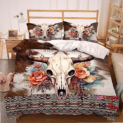 Bull Skull Duvet Cover Set Size, Ethnic Cow Fur Print Western King Bull Skull4
