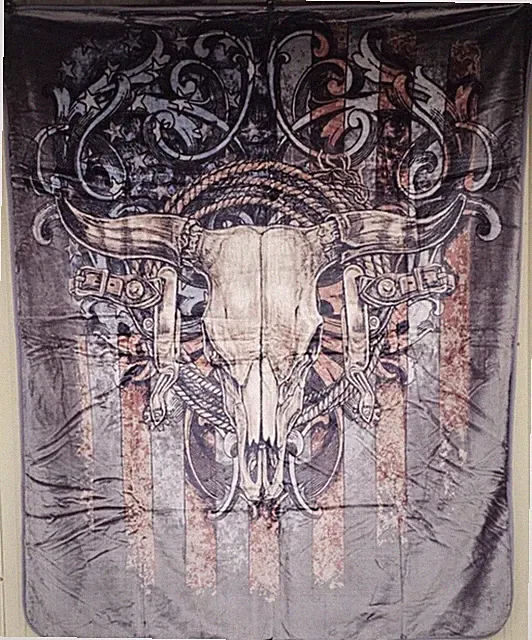 BULL SKULL LONGHORN AMERICAN FLAG INDIAN WESTERN QUEEN SIZE BLANKET BEDSPREAD