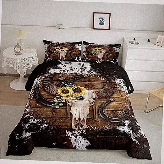 Cow Skull Comforter Set Size,Cow Fur Wooden Plank Farmhouse King A-cowboy