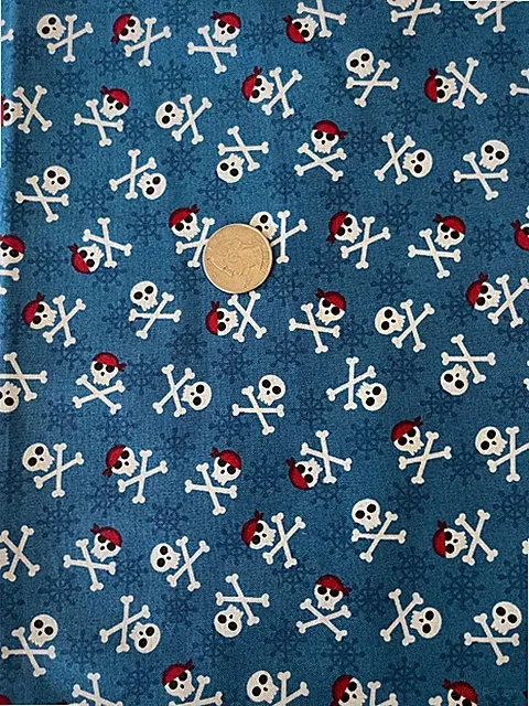 DKULL SKELETON PIRATE JOLLY ROGER BLUE NOVELTY 100% COTTON FABRIC 28" PIECE