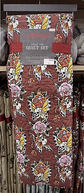 Ed Hardy 3-Piece Maroon Tattoo Skulls/Roses Queen Quilt Set - NEW
