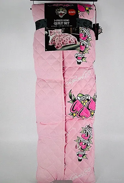 Ed Hardy 3pc King Quilt Set Pink Death Before Dishonor Skull Flowers Y2K NWT