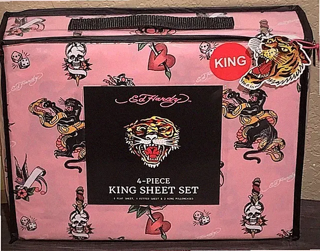 Ed Hardy 4pc KING Sheet Set Pink with Panthers, Snakes, Skulls, Hearts, Logos