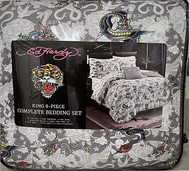 ED HARDY 8~pc Tiger, Dragon, Skulls King comfort, sheets + Complete Bed Set NWT