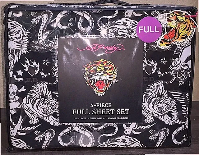 Ed Hardy Black w/White Tigers, Skulls, Cobras Tattoo Print 4pc FULL Sheet Set