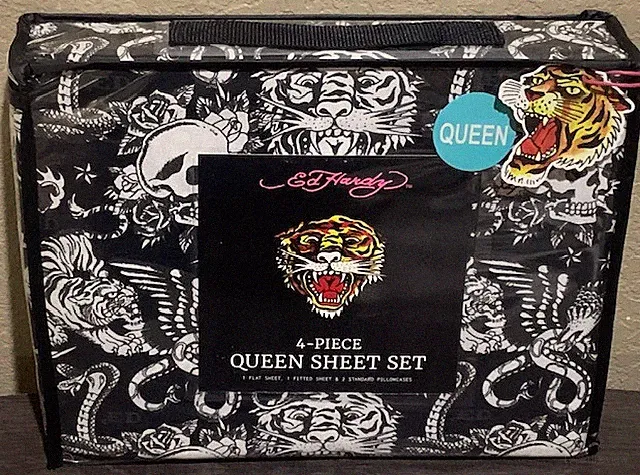Ed Hardy Black w/White Tigers, Skulls, Cobras Tattoo Print 4pc QUEEN Sheet Set