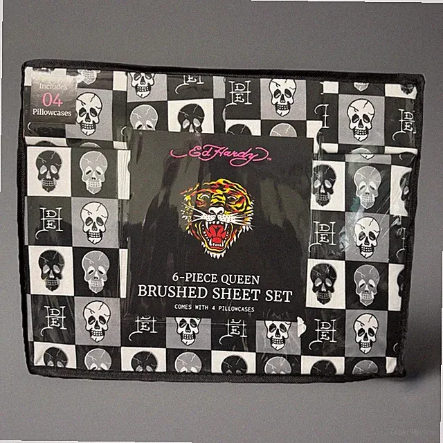 Ed Hardy Black/White/Grey Checkered Skull Print QUEEN Sheet Set w/4 Pillowcases