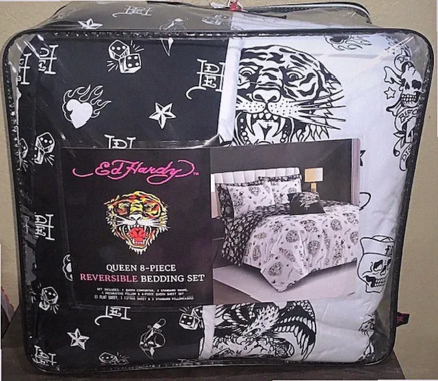 Ed Hardy Black&White Tigers&Tattoo Print QUEEN Set Comforter,Shams,Sheets,Pillow