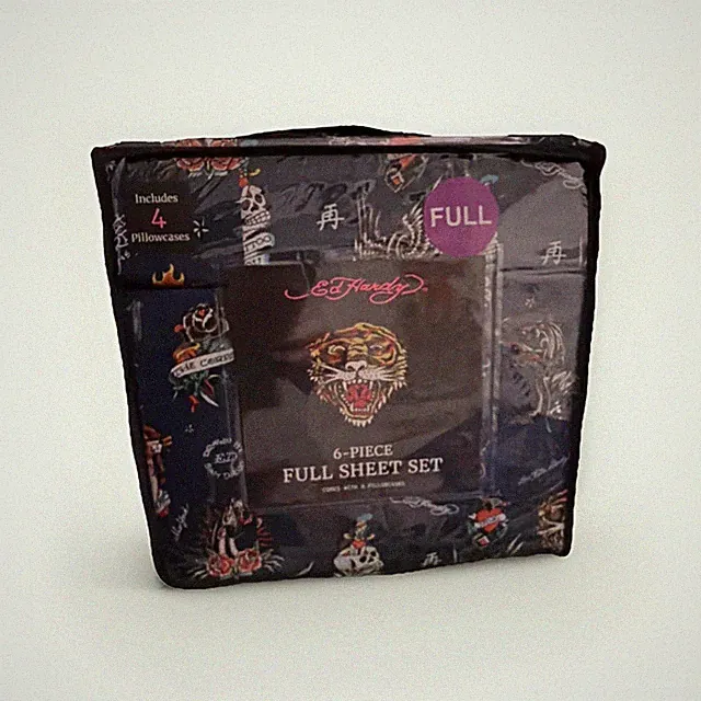 Ed Hardy Full 6-Piece Sheet Set 4 Pillowcases Blue Skull Tattoo Tiger Print