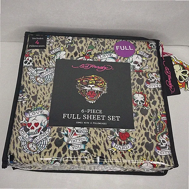 Ed Hardy Full Sheet Set 6 Piece Skull Heart Leopard Print 4 Pillowcases New