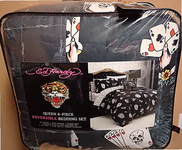 Ed Hardy Grey w/Cards &Tattoo Designs 8p QUEEN Set Comforter,Shams,Sheets,Pillow