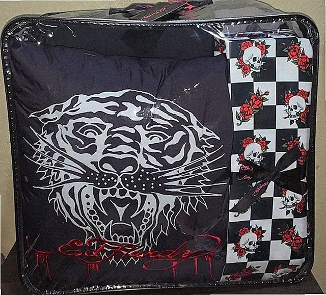 Ed Hardy KING Set Tigers &Logo Print Comforter,Shams,Pillow,Skulls&Roses Sheets