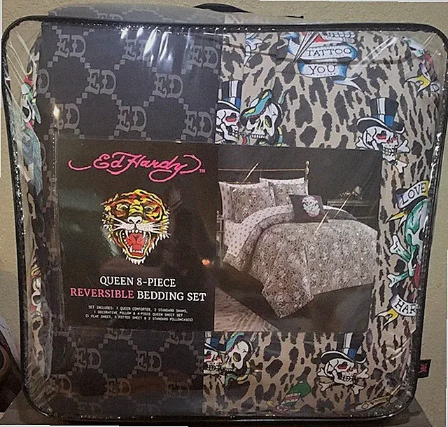 Ed Hardy Leopard Print with Skulls 8pc QUEEN Set Comforter, Shams,Sheets &Pillow