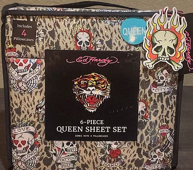 Ed Hardy Love Kills Slowly Leopard Print with Skulls 6pc QUEEN Sheet Set