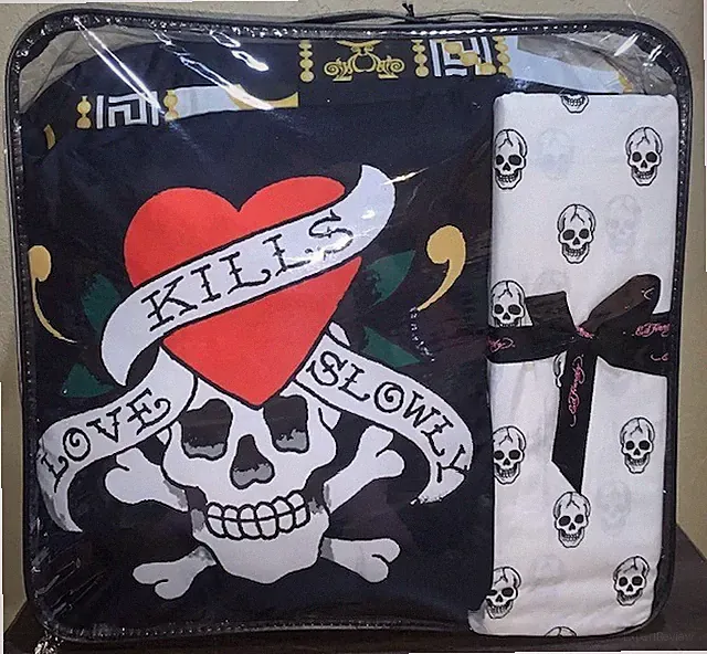 Ed Hardy Love Kills Slowly Skulls,Logos,Roses CAL KING 8p Comforter Set w/Sheets