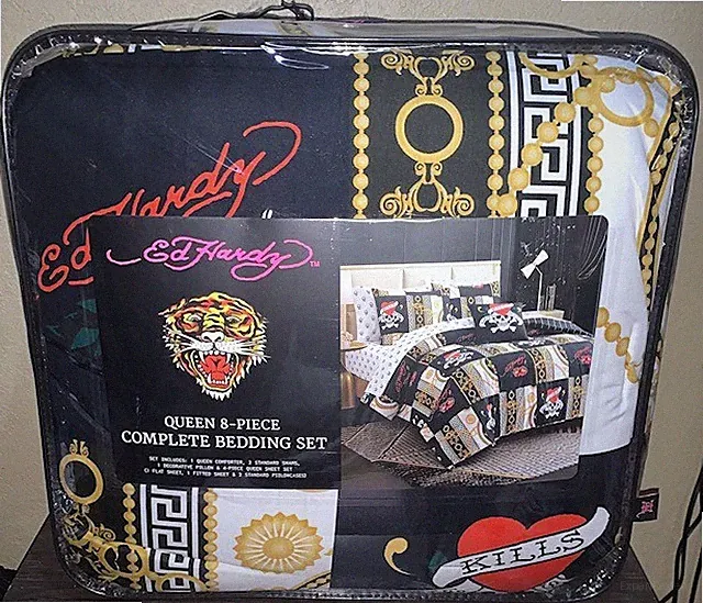 Ed Hardy Love Kills Slowly Skulls, Logos, Roses QUEEN 8pc Comforter Set w/Sheets