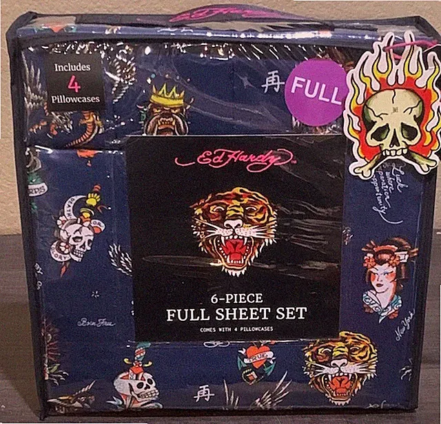 Ed Hardy Navy Blue w/Tigers Skulls Bulldogs Tattoo Print 6pc FULL Sheet Set