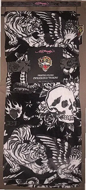 Ed Hardy Oversized Plush Throw Blanket Black w/White Tigers,Skulls,Cobras,Eagles