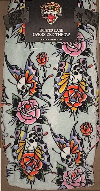 Ed Hardy Oversized Plush Throw Blanket Light Blue w/Skull Butterflies & Roses