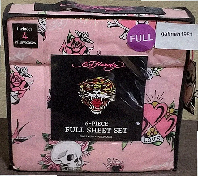 Ed Hardy Pink w/Hearts,Roses, Skulls Tattoo Print FULL Sheet Set w/4 Pillowcases