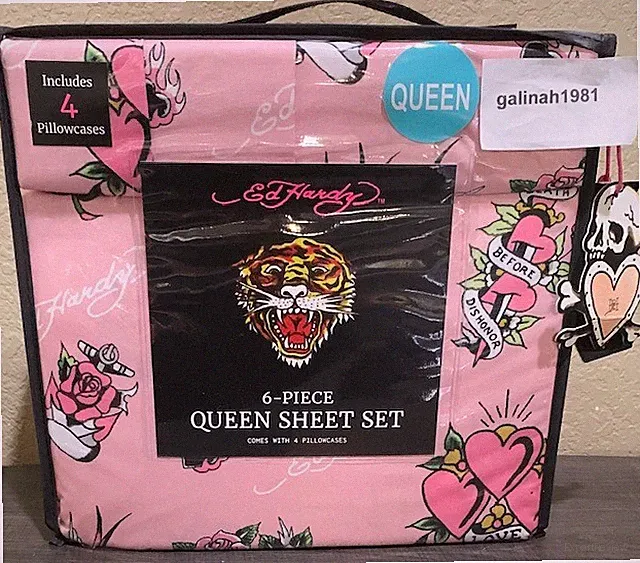 Ed Hardy Pink w/Hearts,Roses,Skulls Tattoo Print QUEEN Sheet Set w/4 Pillowcases