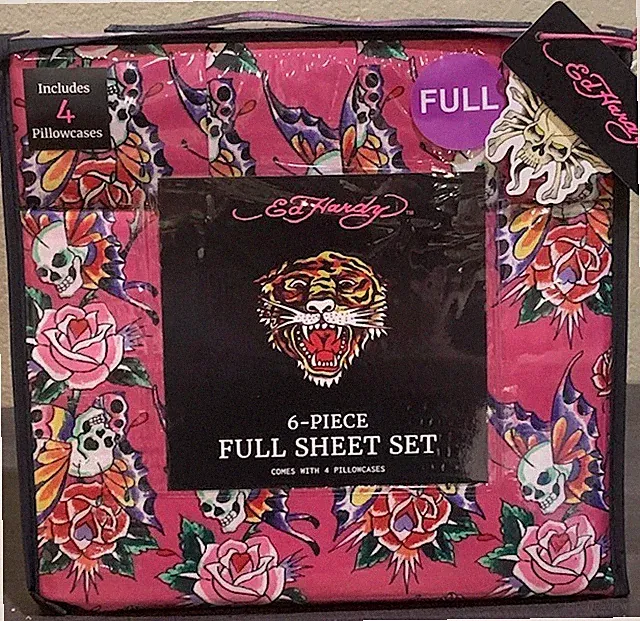 Ed Hardy Pink with Skull Butterflies & Roses 6pc FULL Sheet Set w/4 Pillowcases