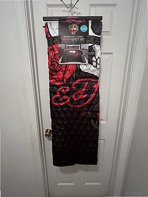 Ed Hardy Queen 3pc Satin Quilt Set Black Skull Flowers NWT