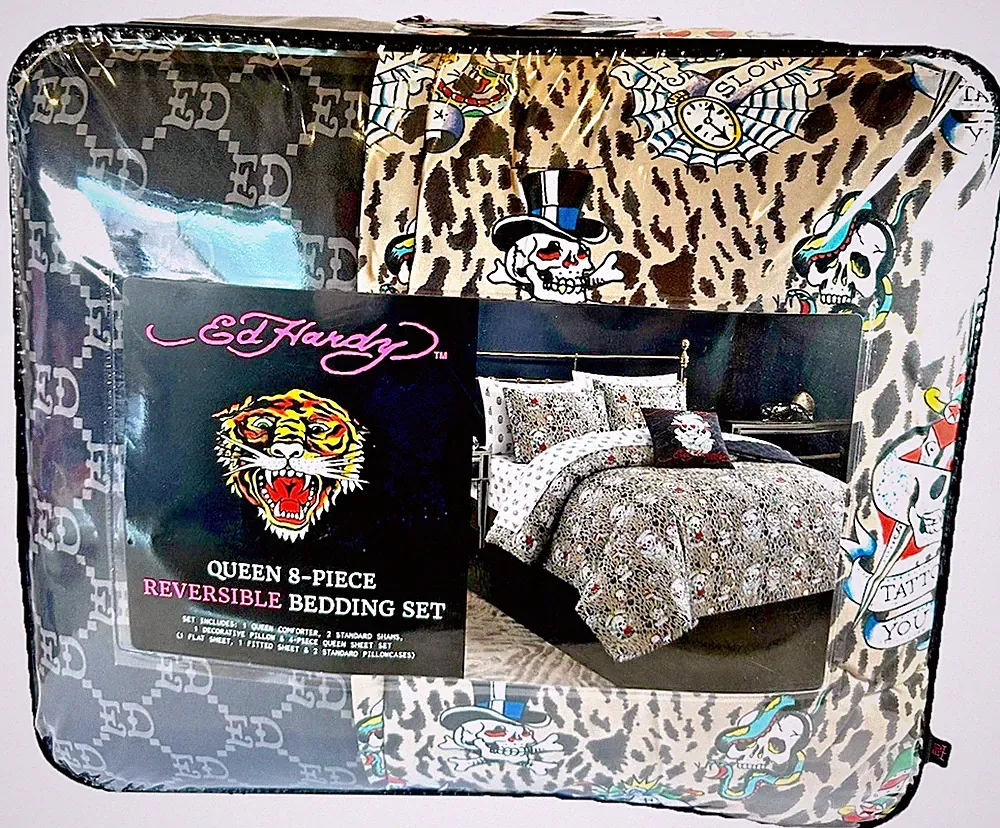 Ed Hardy Queen 8 Pc Bedding Set Reversible Skull Leopard Tattoo Y2K Gothic