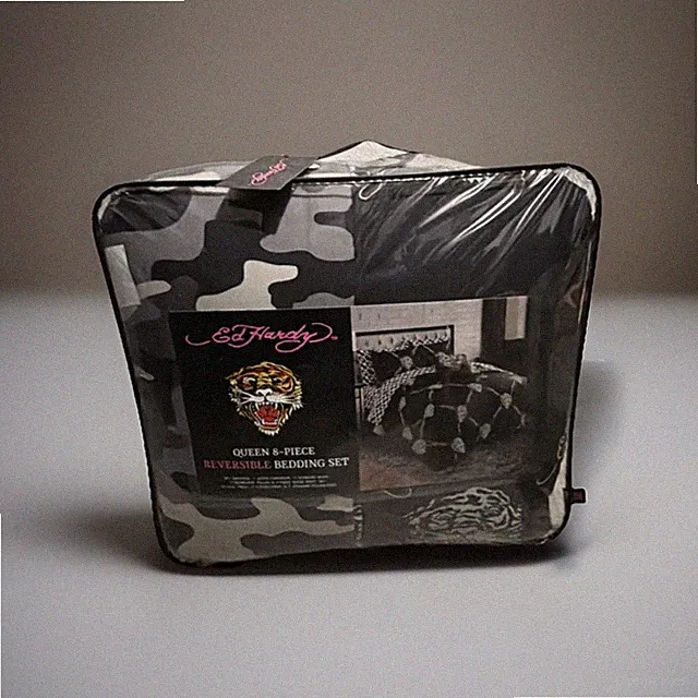 Ed Hardy Queen 8-Piece Reversible Comforter Set Tiger Skull Camo Black Gray Rare