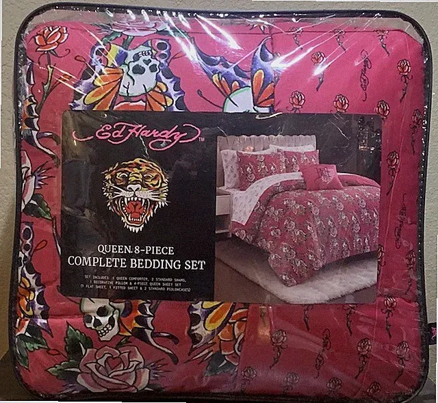 Ed Hardy Skull Butterflies & Roses QUEEN 8pc Set Comforter, Shams, Pillow,Sheets