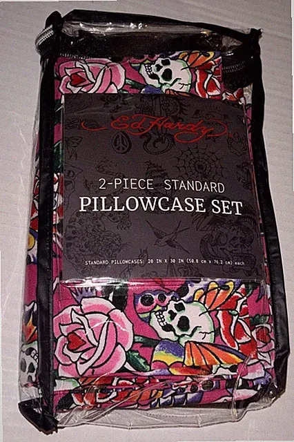 Ed Hardy Standard 2-Pc Pillowcase Set, Pink Skulls Butterflies Double Brushed