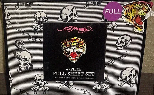 Ed Hardy Striped White/Grey/Black w/Skulls, Glory &Logo Print 4pc FULL Sheet Set