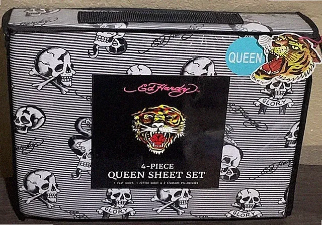 Ed Hardy Striped White/Grey/Black w/Skulls,Glory &Logo Print 4pc QUEEN Sheet Set