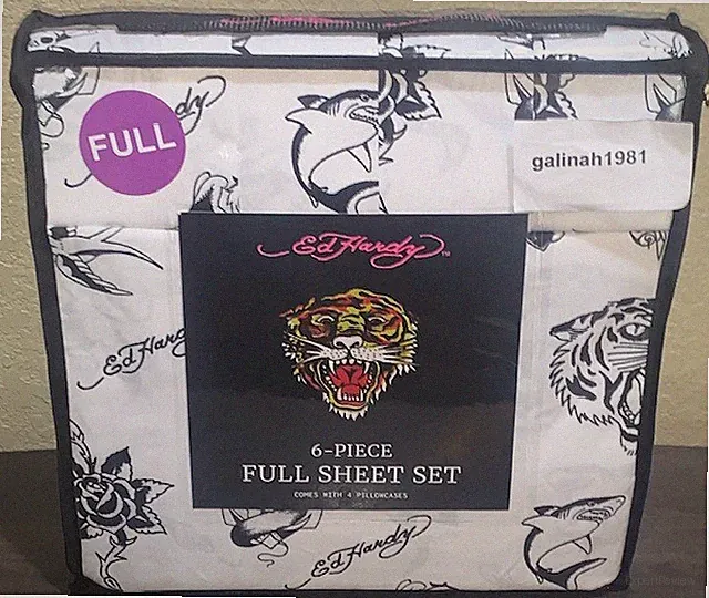 Ed Hardy White/Black Tigers,Roses,Skulls,Sharks Tattoo Print 6pc FULL Sheet Set