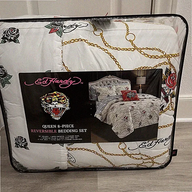 Ed Hardy White Chain Roses Skull Heart QUEEN Set Comforter Shams Sheets Pillow