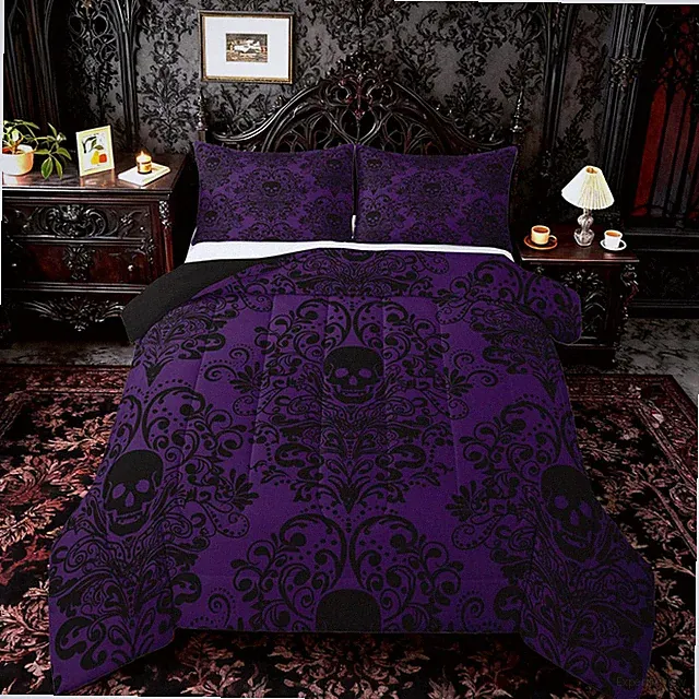 Feelyou Adults Gothic Skull Bedding Set Full Size Kids Damask Print Comforter