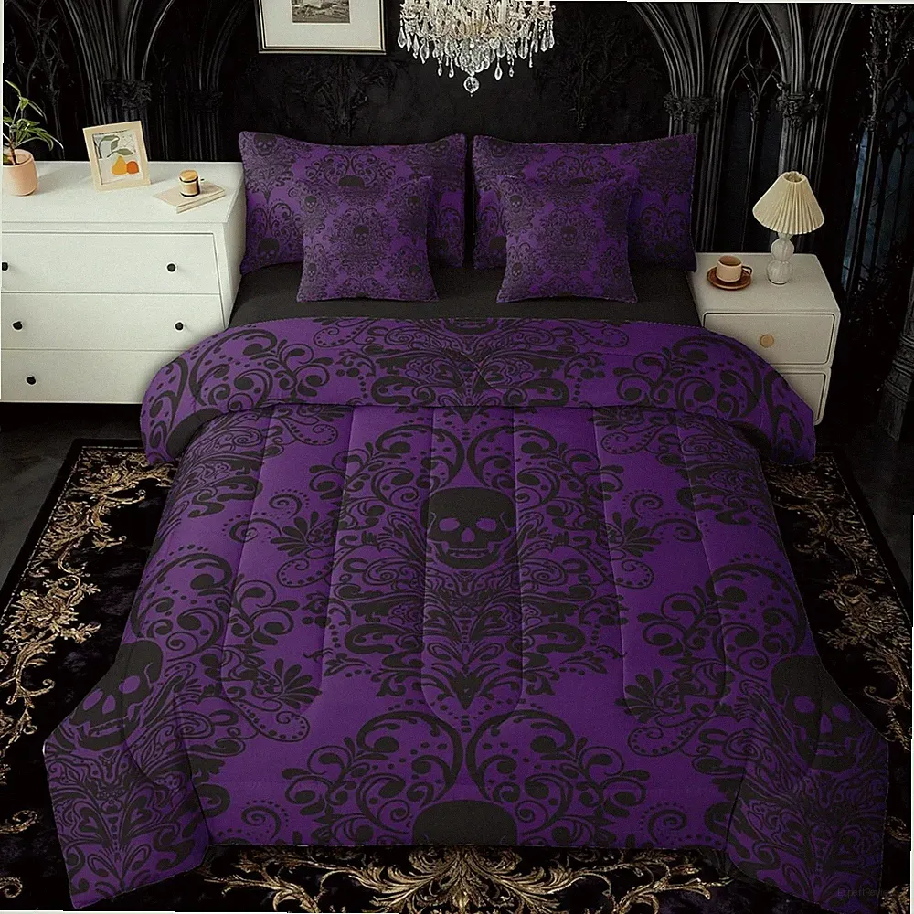 Feelyou Gothic Skull Comforter Set with Sheets 7 Piece Queen Size Damask Print B