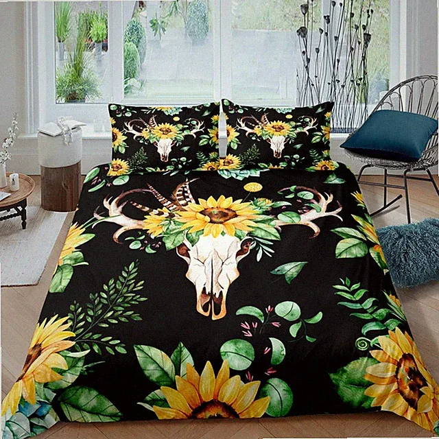Feelyou Sunflower Comforter Cover Set Yellow Flowers Cow Skull Bedding Set Bo...