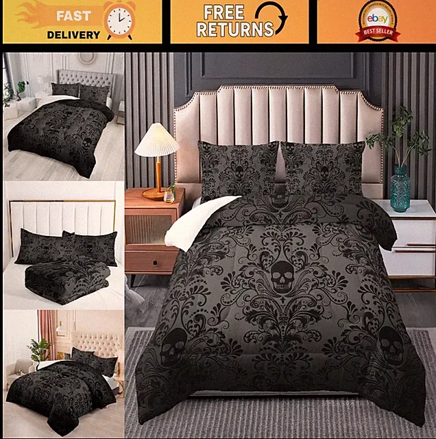 Gothic Boho Skull Bedding Set - King Size Comforter & Pillow Covers, Unique Desi
