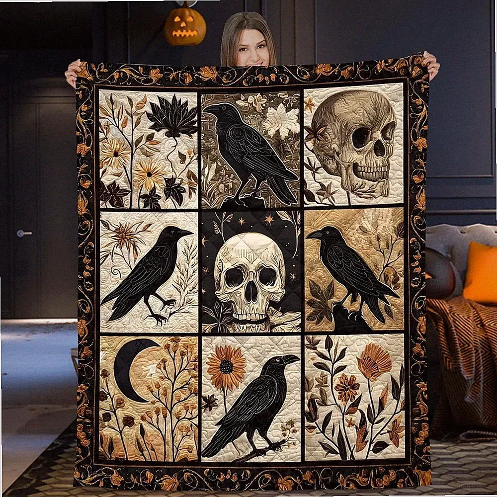 Gothic Raven Skull Quilt Blanket Halloween Crow Patchwork Witchy Bedding