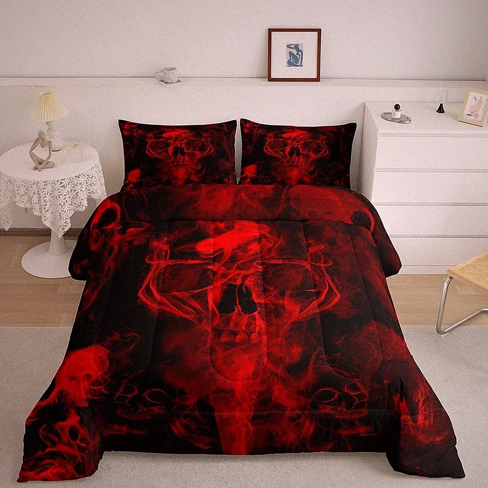 Gothic Skull Bedding Set Red and Black Skeleton Comforter Set Twin for Kids B...