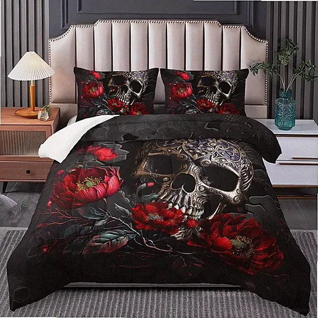 Gothic Skull Queen Bedding Set - Black Quilt & Rose Halloween Comforter