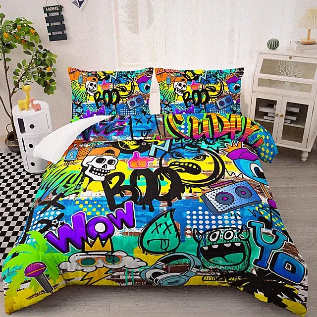 Hip-Hop Cartoon Skull Bedding Set Queen, 3-Pc Graffiti Comforter & Pillowcases